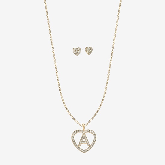 Monet Jewelry Gold Tone Initial Pendant Necklace & Stud Earring Womens Glass Heart 2-pc. Jewelry Set
