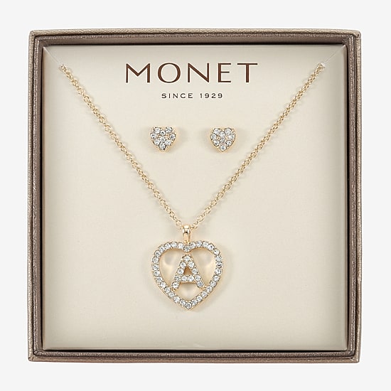 Monet Jewelry Gold Tone Initial Pendant Necklace & Stud Earring Womens Glass Heart 2-pc. Jewelry Set