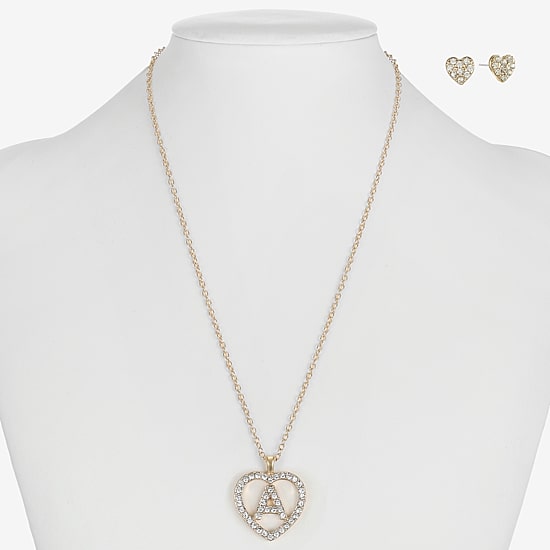 Monet Jewelry Gold Tone Initial Pendant Necklace & Stud Earring Womens Glass Heart 2-pc. Jewelry Set