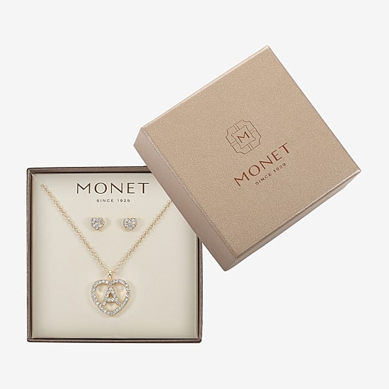 Monet Jewelry Gold Tone Initial Pendant Necklace & Stud Earring Womens Glass Heart 2-pc. Jewelry Set
