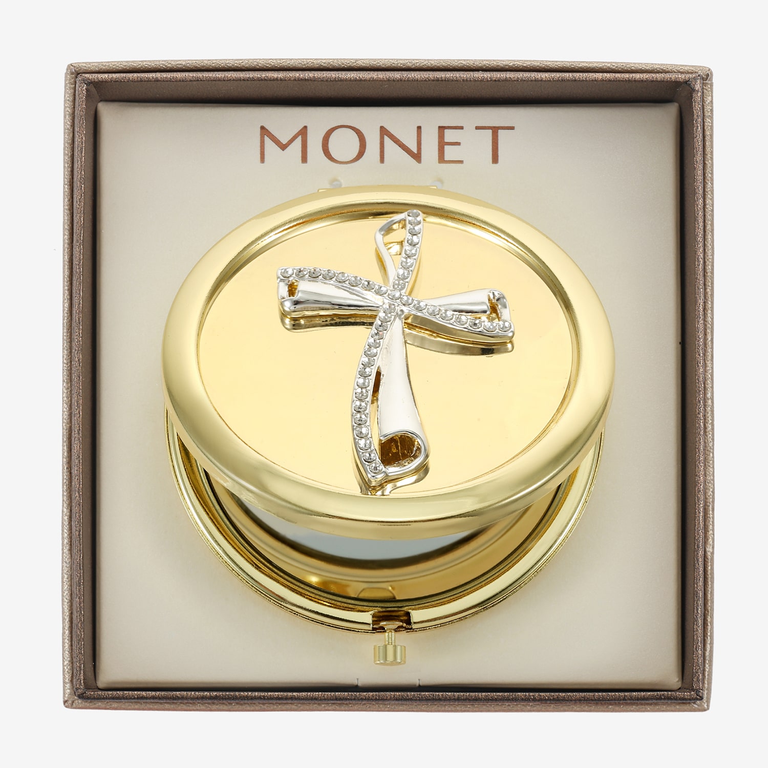 Monet Jewelry Clear Gold Tone Cross Compact Mirror