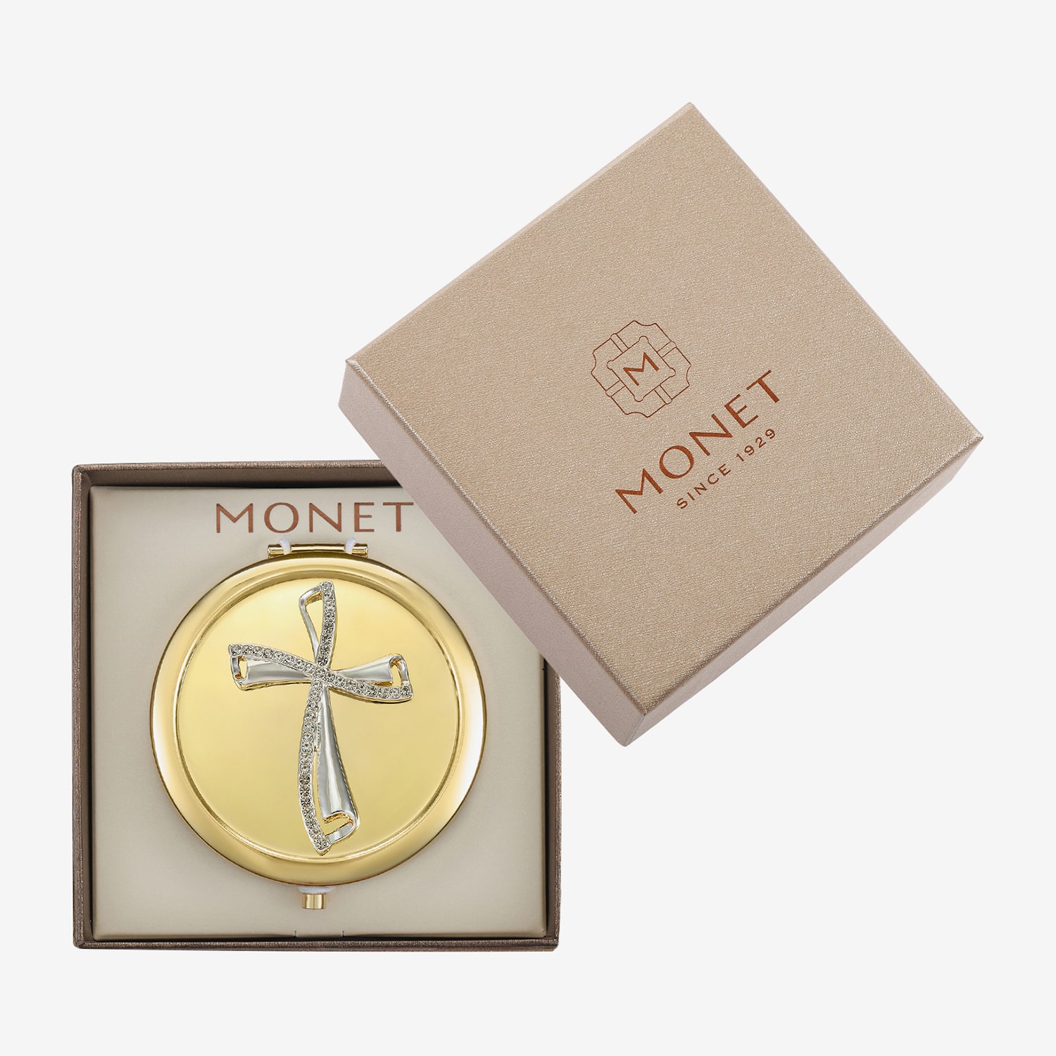 Monet Jewelry Clear Gold Tone Cross Compact Mirror