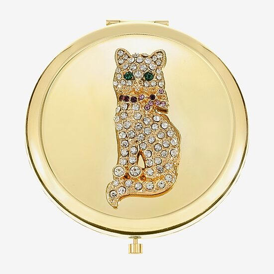 Monet Jewelry Gold Tone Cat Clear Gold Tone Compact Mirror
