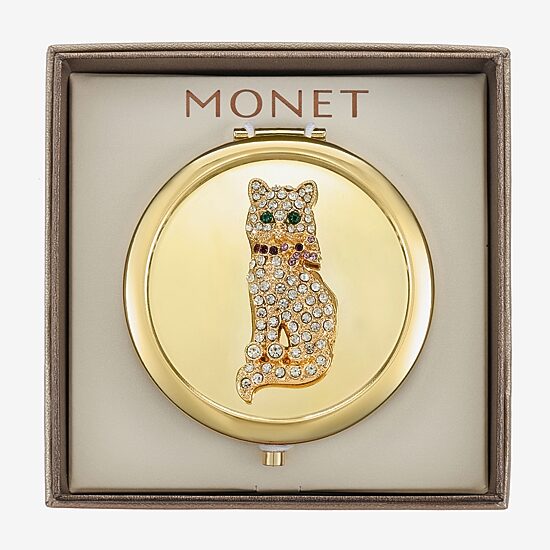 Monet Jewelry Gold Tone Cat Clear Gold Tone Compact Mirror