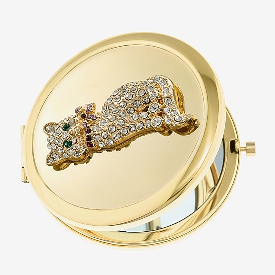 Monet Jewelry Gold Tone Cat Clear Gold Tone Compact Mirror
