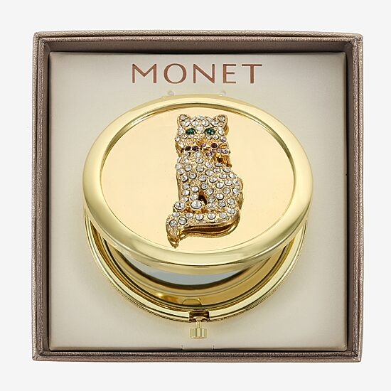 Monet Jewelry Gold Tone Cat Clear Gold Tone Compact Mirror