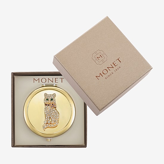 Monet Jewelry Gold Tone Cat Clear Gold Tone Compact Mirror