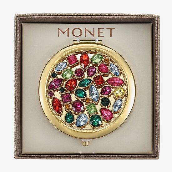Monet Jewelry Gold Tone Multi Cluster Stone Gold Tone Compact Mirror