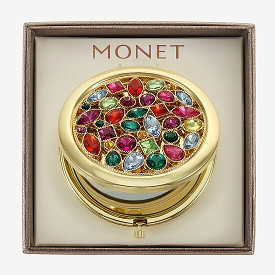 Monet Jewelry Gold Tone Multi Cluster Stone Gold Tone Compact Mirror
