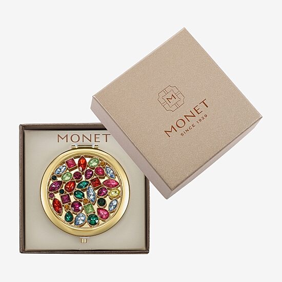 Monet Jewelry Gold Tone Multi Cluster Stone Gold Tone Compact Mirror