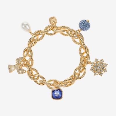 Monet Jewelry Gold Tone Womens Blue Glass Simulated Pearl Angel Charm Bracelet