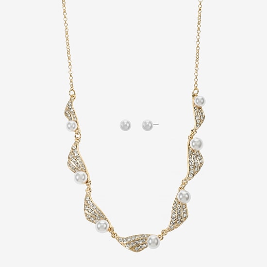 Monet Jewelry Gold Tone Collar Frontal Twist Necklace & Drop Earring Womens Glass Simulated Pearl Round 2-pc. Jewelry Set