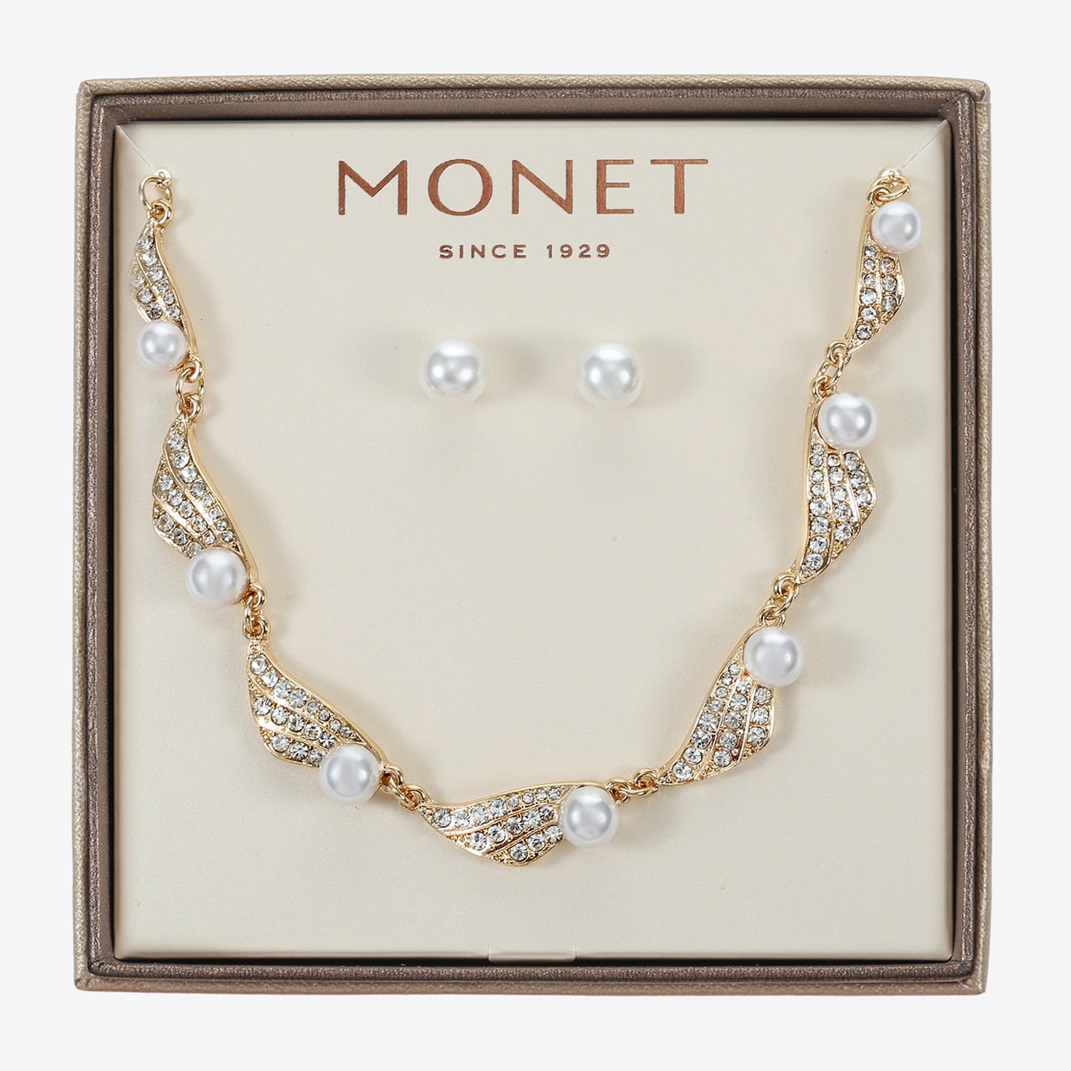 Monet Jewelry Gold Tone Collar Frontal Twist Necklace & Drop Earring Womens Glass Simulated Pearl Round 2-pc. Jewelry Set