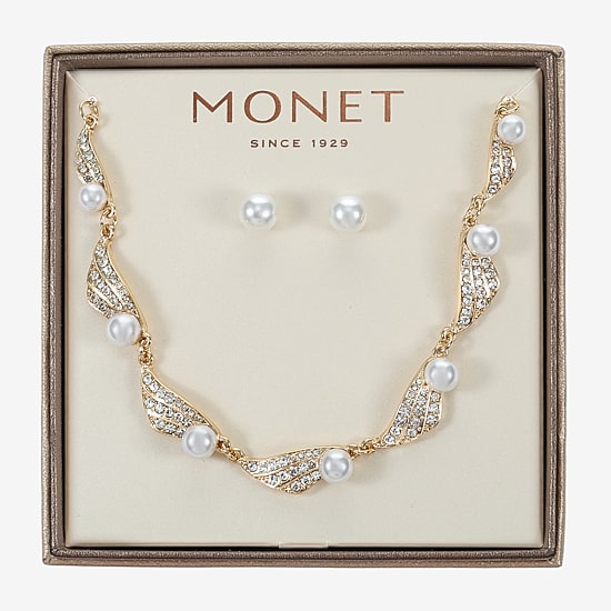 Monet Jewelry Gold Tone Collar Frontal Twist Necklace & Drop Earring Womens Glass Simulated Pearl Round 2-pc. Jewelry Set