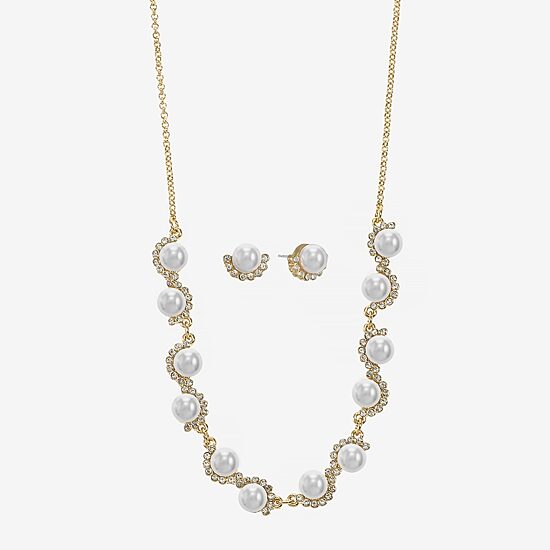 Monet Jewelry Gold Tone Collar Frontal Scallop Necklace & Stud Earring Womens Glass Simulated Pearl Round 2-pc. Jewelry Set