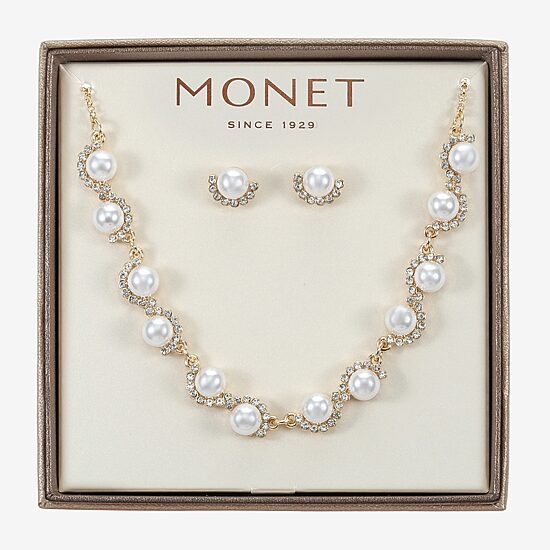 Monet Jewelry Gold Tone Collar Frontal Scallop Necklace & Stud Earring Womens Glass Simulated Pearl Round 2-pc. Jewelry Set