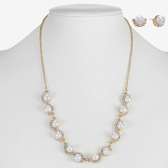Monet Jewelry Gold Tone Collar Frontal Scallop Necklace & Stud Earring Womens Glass Simulated Pearl Round 2-pc. Jewelry Set