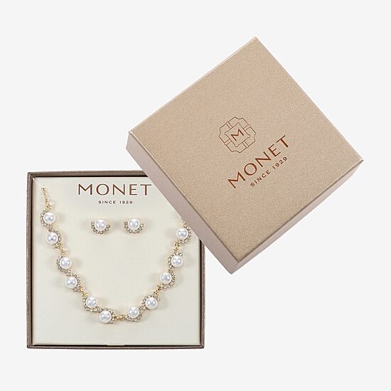 Monet Jewelry Gold Tone Collar Frontal Scallop Necklace & Stud Earring Womens Glass Simulated Pearl Round 2-pc. Jewelry Set