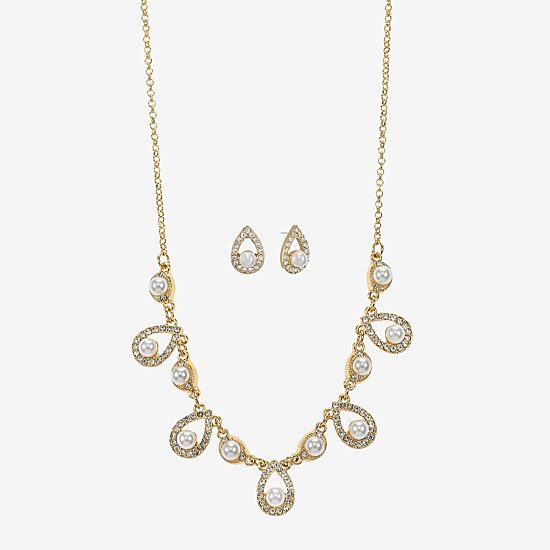 Monet Jewelry Gold Tone Collar Frontal Necklace & Drop Earring Womens Glass Simulated Pearl 2-pc. Jewelry Set
