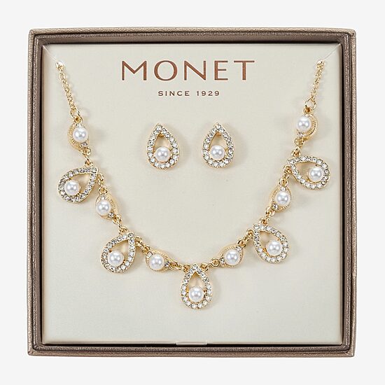 Monet Jewelry Gold Tone Collar Frontal Necklace & Drop Earring Womens Glass Simulated Pearl 2-pc. Jewelry Set