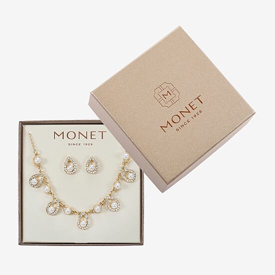 Monet Jewelry Gold Tone Collar Frontal Necklace & Drop Earring Womens Glass Simulated Pearl 2-pc. Jewelry Set