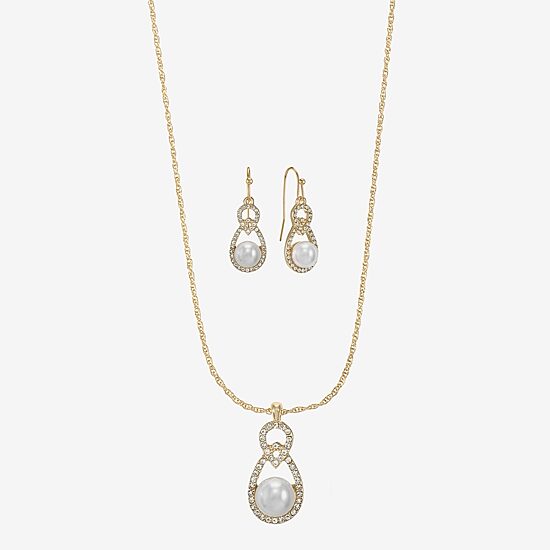 Monet Jewelry Gold Tone Pendant Necklace & Drop Earring Womens Glass Simulated Pearl 2-pc. Jewelry Set