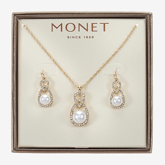 Monet Jewelry Gold Tone Pendant Necklace & Drop Earring Womens Glass Simulated Pearl 2-pc. Jewelry Set