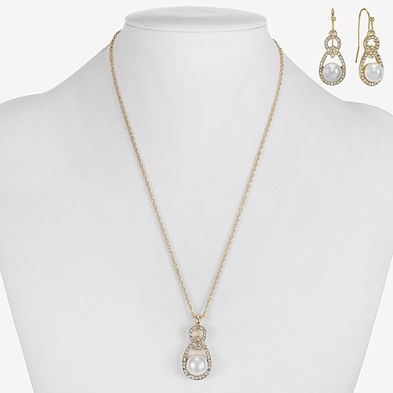 Monet Jewelry Gold Tone Pendant Necklace & Drop Earring Womens Glass Simulated Pearl 2-pc. Jewelry Set