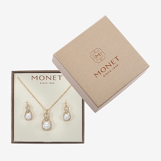 Monet Jewelry Gold Tone Pendant Necklace & Drop Earring Womens Glass Simulated Pearl 2-pc. Jewelry Set