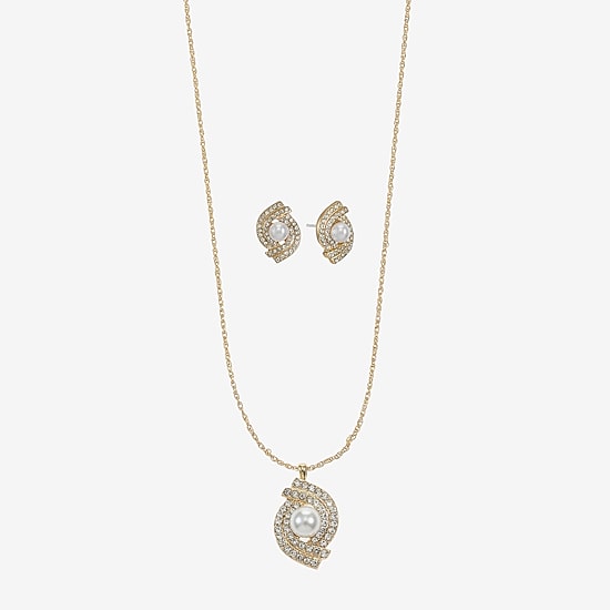 Monet Jewelry Gold Tone Pendant Twist Necklace & Stud Earring Womens Glass Simulated Pearl 2-pc. Jewelry Set