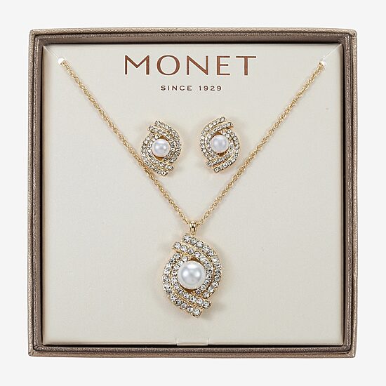 Monet Jewelry Gold Tone Pendant Twist Necklace & Stud Earring Womens Glass Simulated Pearl 2-pc. Jewelry Set
