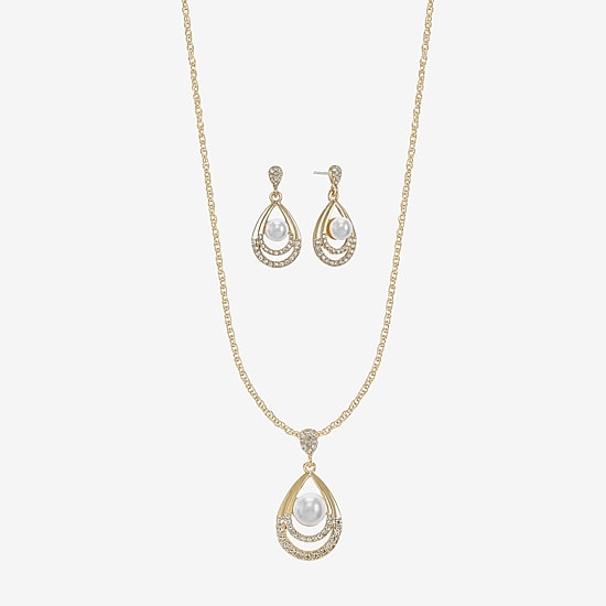 Monet Jewelry Gold Tone Pendant Necklace & Drop Earring Womens Glass Simulated Pearl 2-pc. Jewelry Set