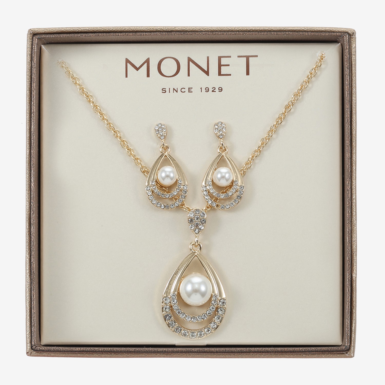 Monet Jewelry Gold Tone Pendant Necklace & Drop Earring Womens Glass Simulated Pearl 2-pc. Jewelry Set