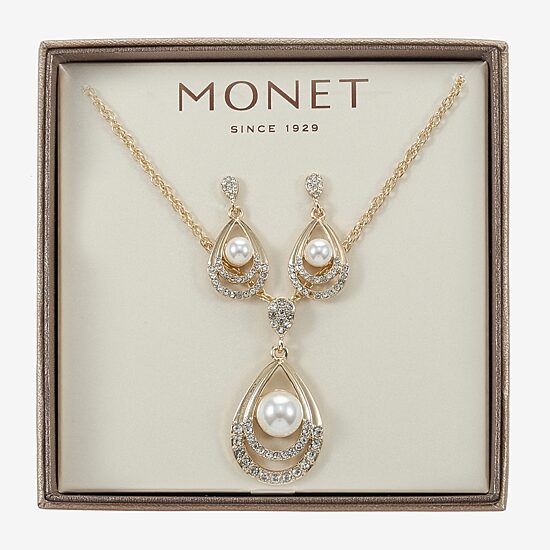 Monet Jewelry Gold Tone Pendant Necklace & Drop Earring Womens Glass Simulated Pearl 2-pc. Jewelry Set