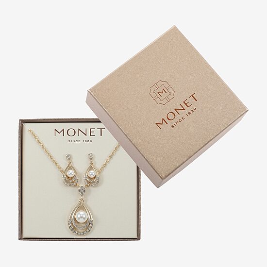 Monet Jewelry Gold Tone Pendant Necklace & Drop Earring Womens Glass Simulated Pearl 2-pc. Jewelry Set