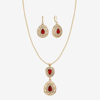 Monet Jewelry Gold Tone Pendant Necklace & Drop Earring Womens Red Glass 2-pc. Jewelry Set
