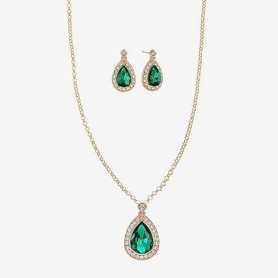 Monet Jewelry Gold Tone Pendant Necklace & Stud Earring Womens Green Glass 2-pc. Jewelry Set