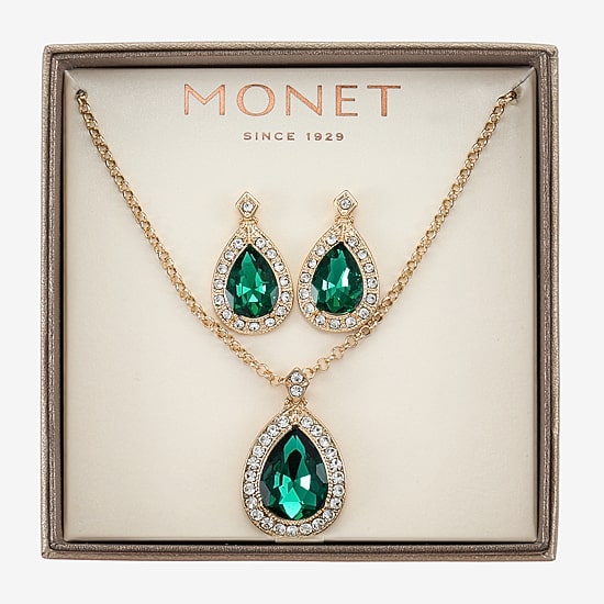 Monet Jewelry Gold Tone Pendant Necklace & Stud Earring Womens Green Glass 2-pc. Jewelry Set