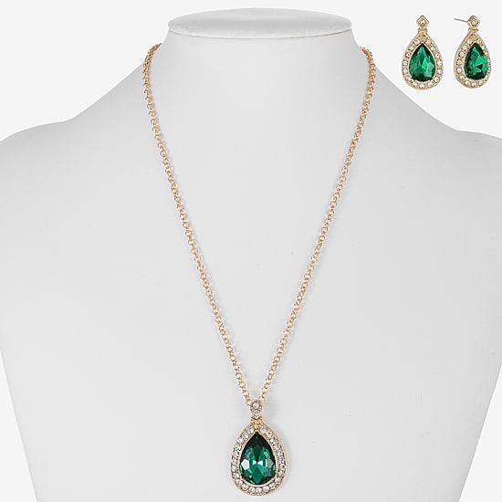 Monet Jewelry Gold Tone Pendant Necklace & Stud Earring Womens Green Glass 2-pc. Jewelry Set