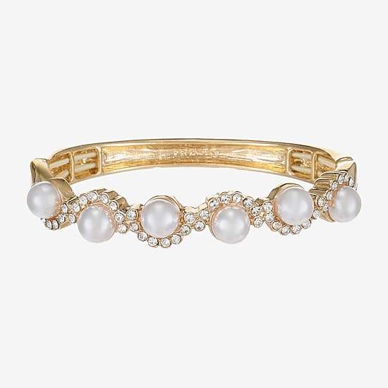 Monet Jewelry Gold Tone Scallop Womens Glass Simulated Pearl Round Stretch Bracelet