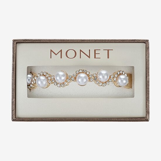 Monet Jewelry Gold Tone Scallop Womens Glass Simulated Pearl Round Stretch Bracelet
