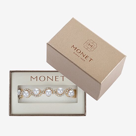 Monet Jewelry Gold Tone Scallop Womens Glass Simulated Pearl Round Stretch Bracelet