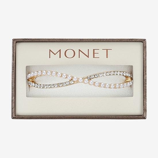 Monet Jewelry Gold Tone Twist Womens Glass Simulated Pearl Stretch Bracelet