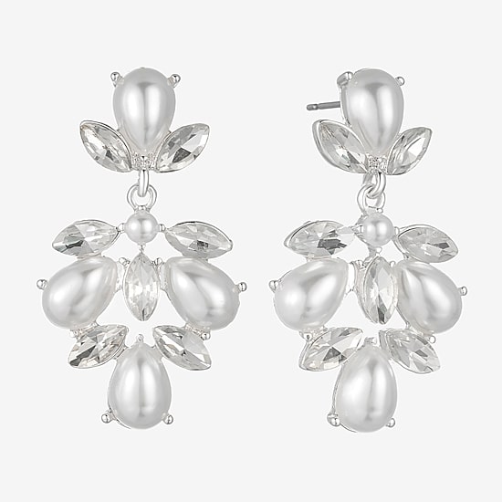 Monet Jewelry Timeless Silver Tone Shaky Womens Glass Simulated Pearl Marquise Hypoallergenic Chandelier Earrings