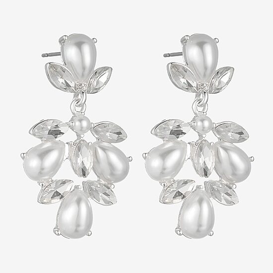 Monet Jewelry Timeless Silver Tone Shaky Womens Glass Simulated Pearl Marquise Hypoallergenic Chandelier Earrings