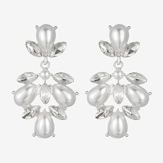 Monet Jewelry Timeless Silver Tone Shaky Womens Glass Simulated Pearl Marquise Hypoallergenic Chandelier Earrings