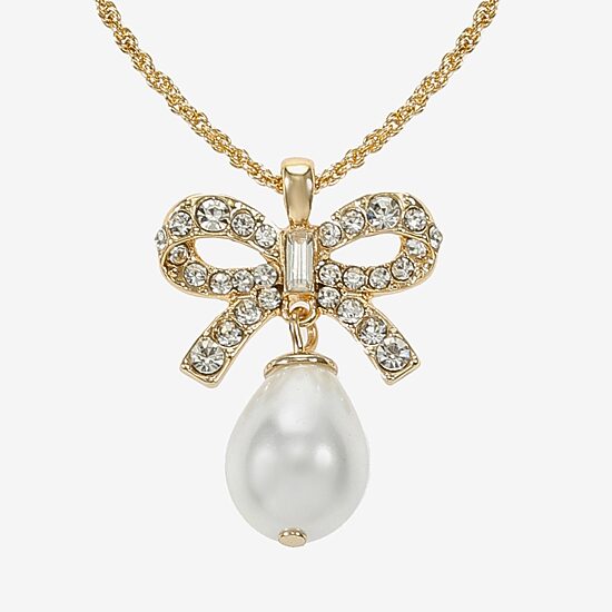 Monet Jewelry Gold Tone Womens Glass Simulated Pearl Bow 17 Inch Pendant Necklace