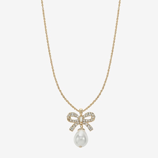 Monet Jewelry Gold Tone Womens Glass Simulated Pearl Bow 17 Inch Pendant Necklace