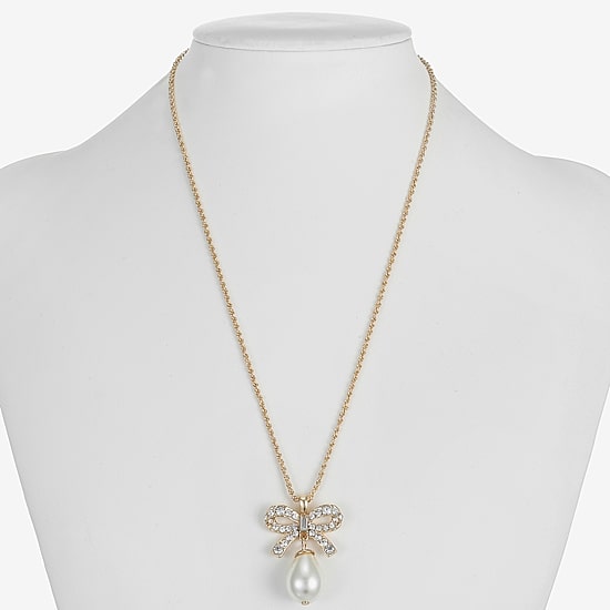 Monet Jewelry Gold Tone Womens Glass Simulated Pearl Bow 17 Inch Pendant Necklace