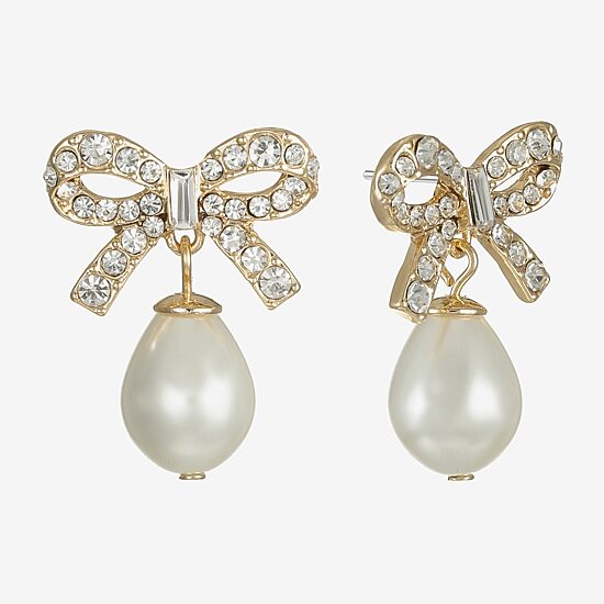 Monet Jewelry Gold Tone Womens Glass Simulated Pearl Bow Hypoallergenic Drop Earrings